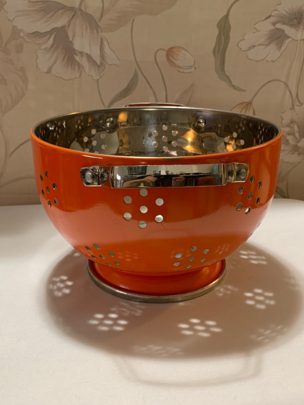 Orange Enameled Metal Kitchen Strainer / Colander - 9.5” by 6.25"